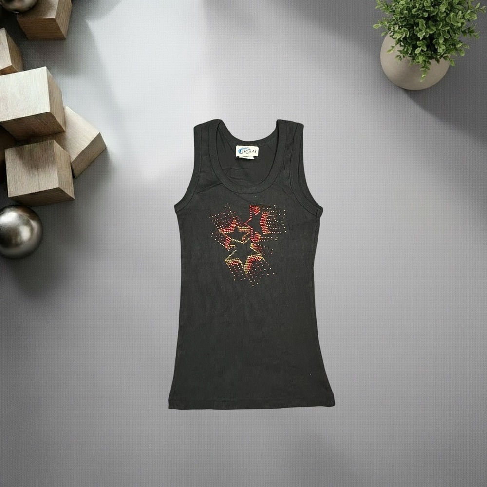Las Olas Vintage Y2K Black Ribbed Rhinestone Star Graphic Tank Top XS